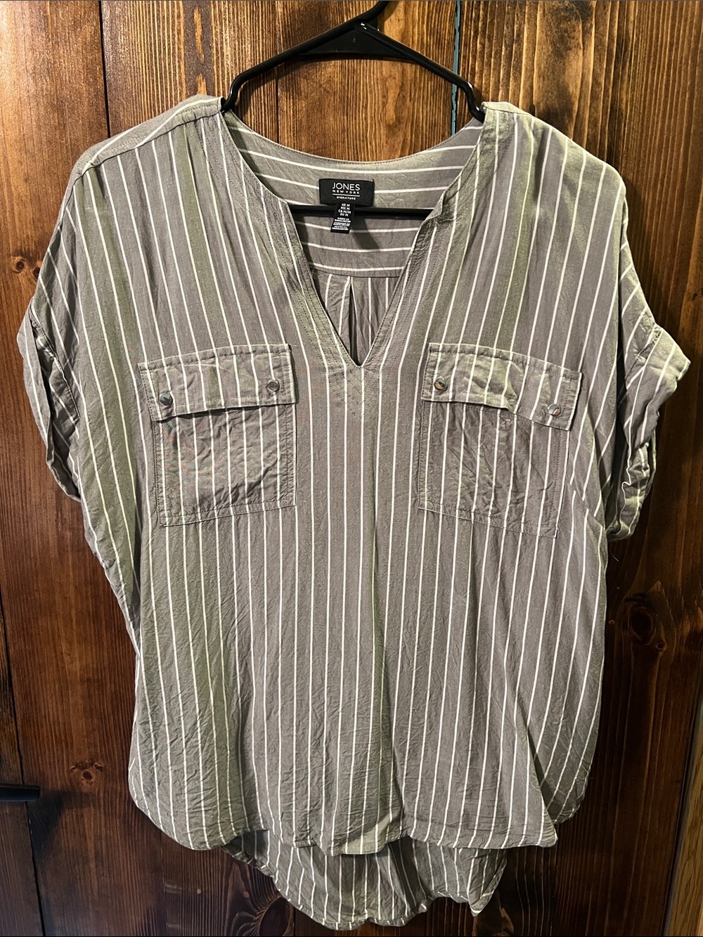 Jones New York Olive Green and White Striped V-Neck Pocket Blouse